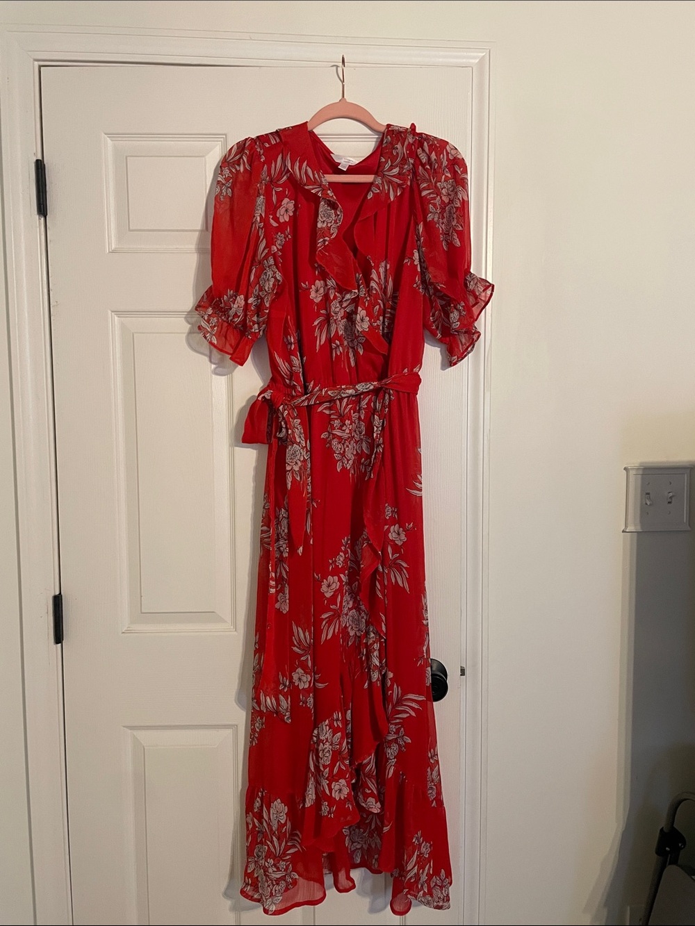 LC Lauren Conrad Red Floral Ruffle Wrap Maxi Dress